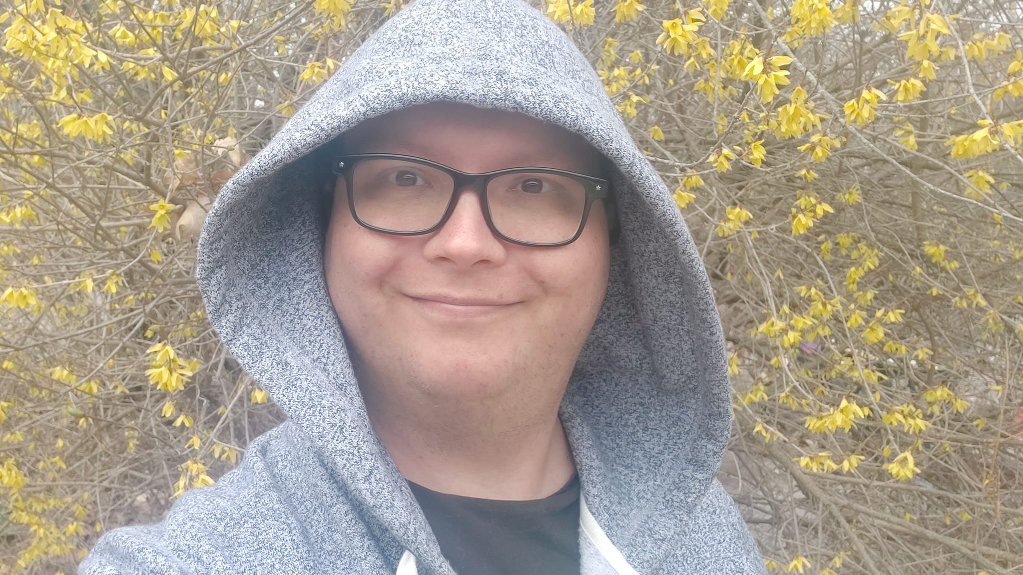 A man wearing a hoodie with the hood up stands in front of a bush with some yellow leaves